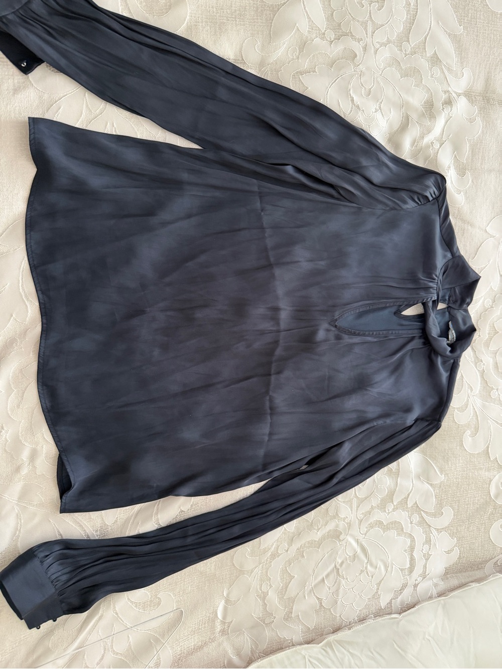 PAIGE Navy Long-Sleeve Keyhole Tie-Neck Blouse